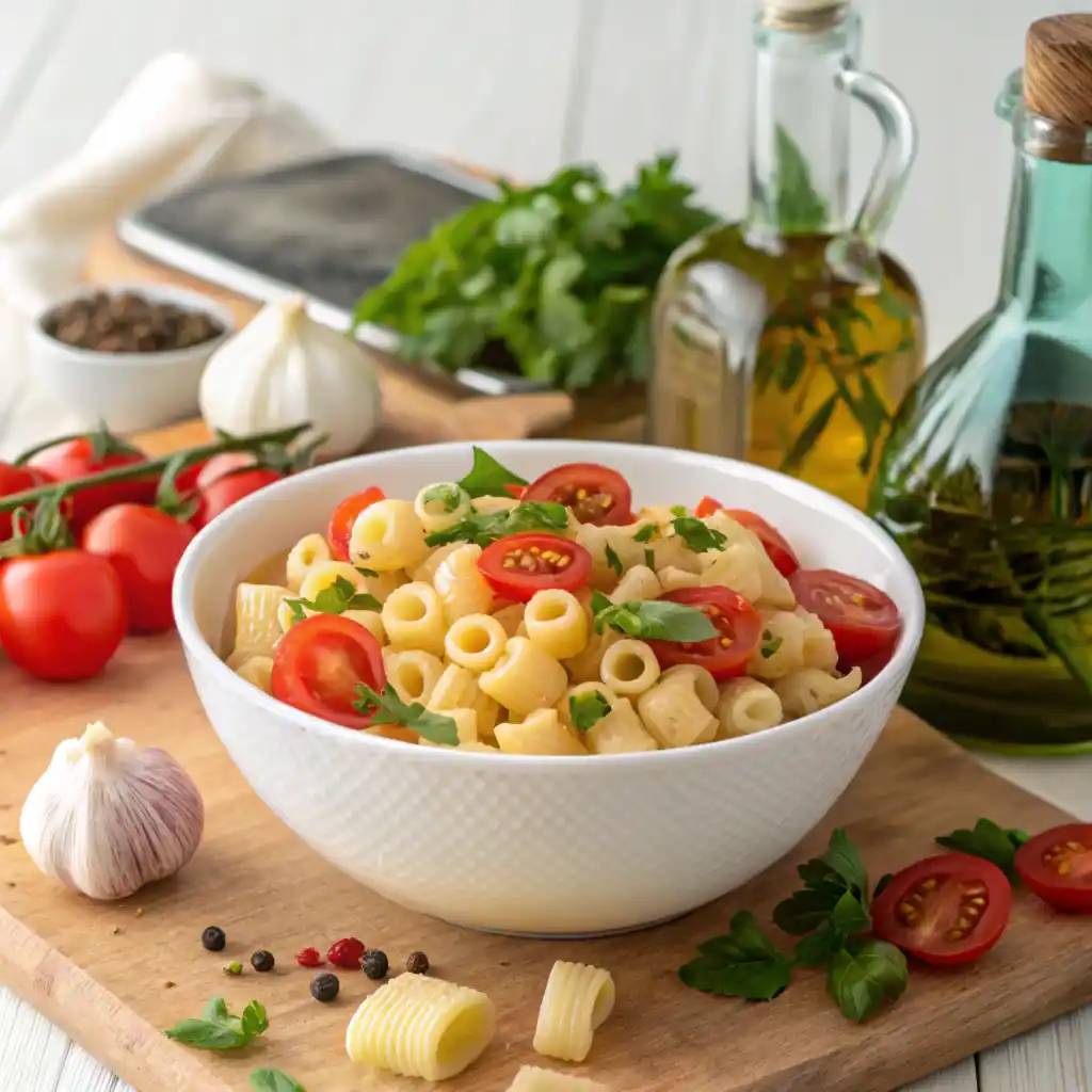 A bowl of cooked ditalini pasta served with vegetables and herbs