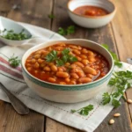 A bowl of homemade baked beans with parsley garnish