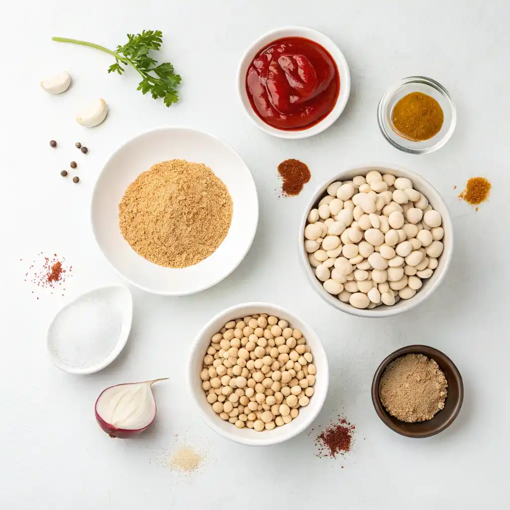 Key ingredients for baked beans, including beans, molasses, and onions