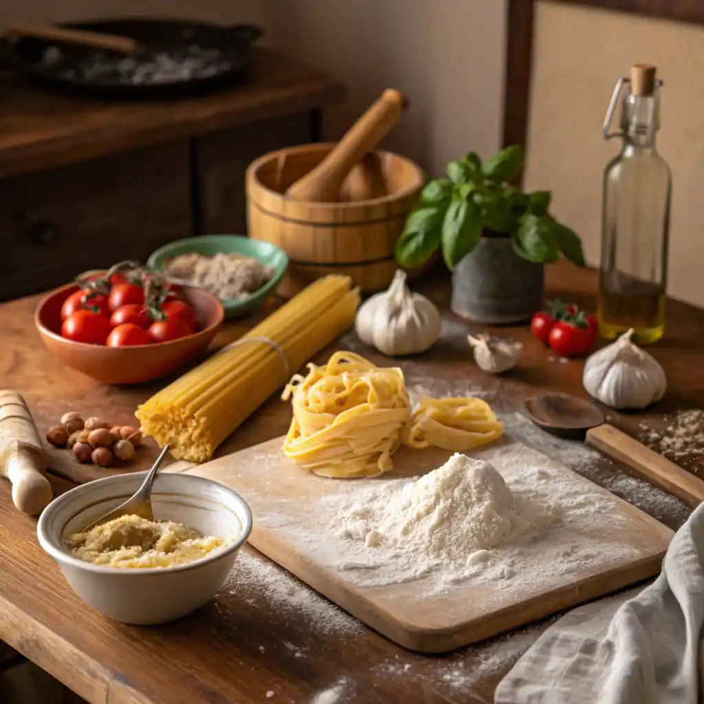  Traditional Italian kitchen with pasta-making tools and ingredients