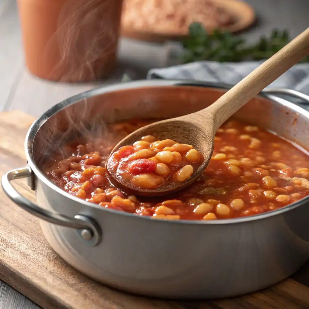 Saucepan with baked beans cooking on the stove