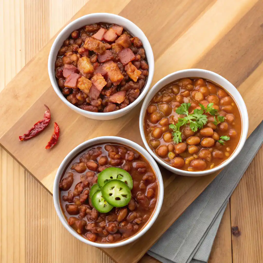 Three bowls of baked beans with different flavors