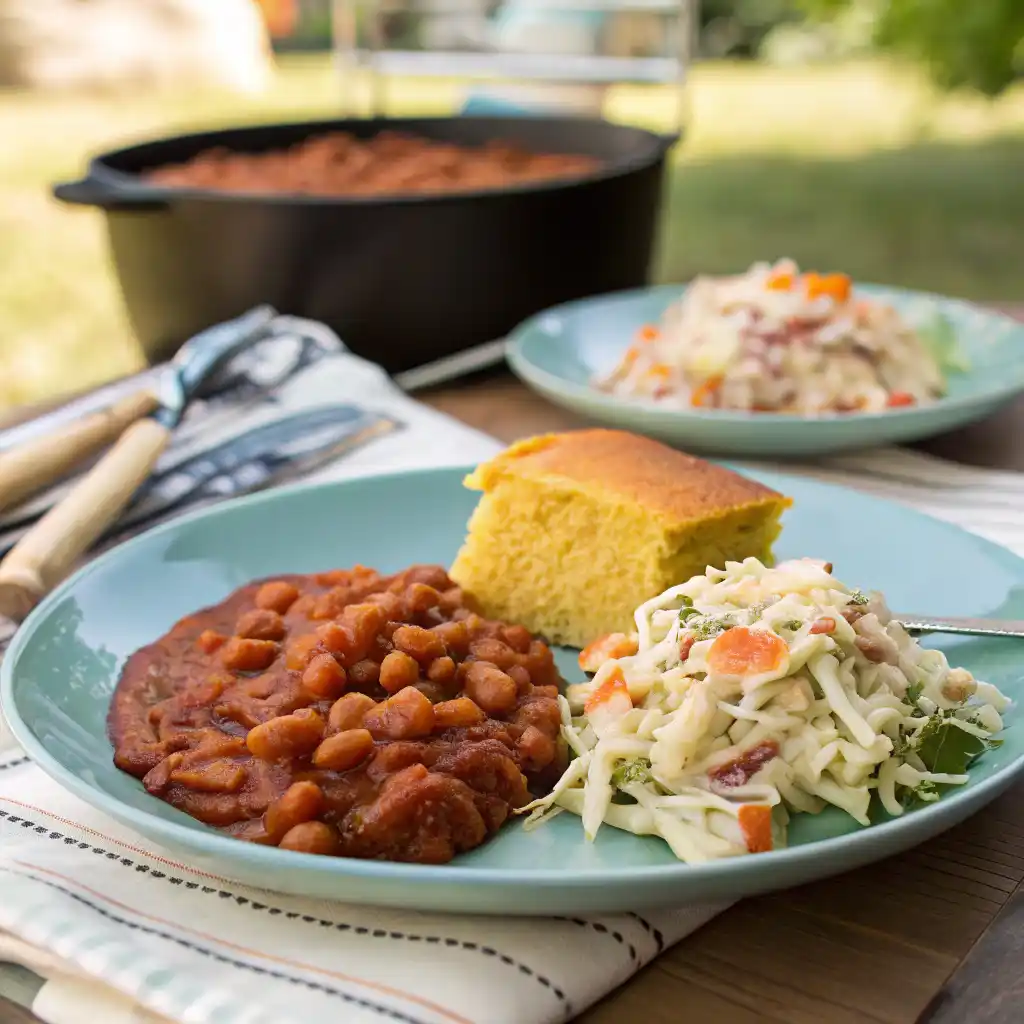 Baked beans served with cornbread and coleslaw