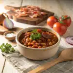 Homemade baked beans served in a bowl with garnish.