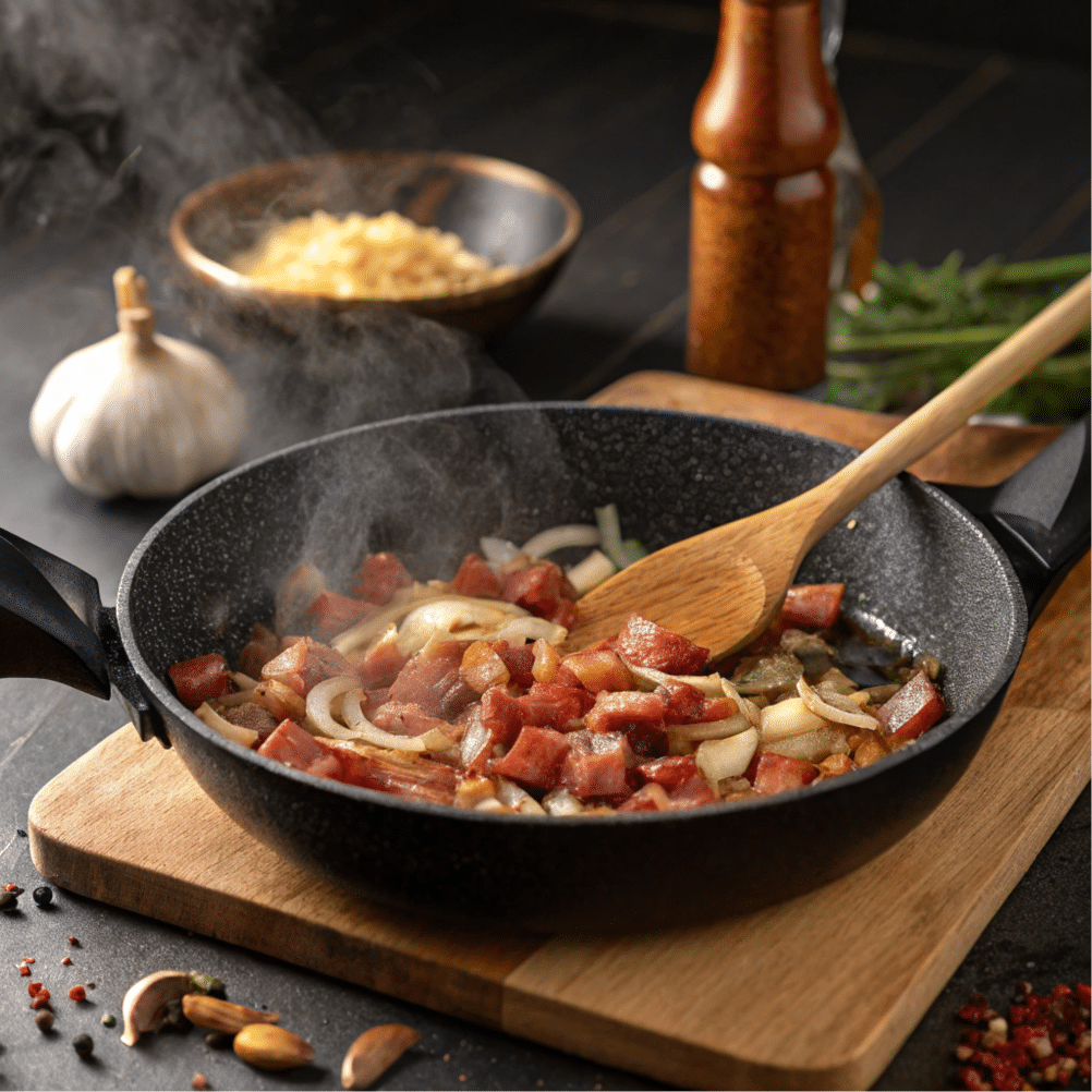 Cooking bacon and onions in a skillet for baked beans.