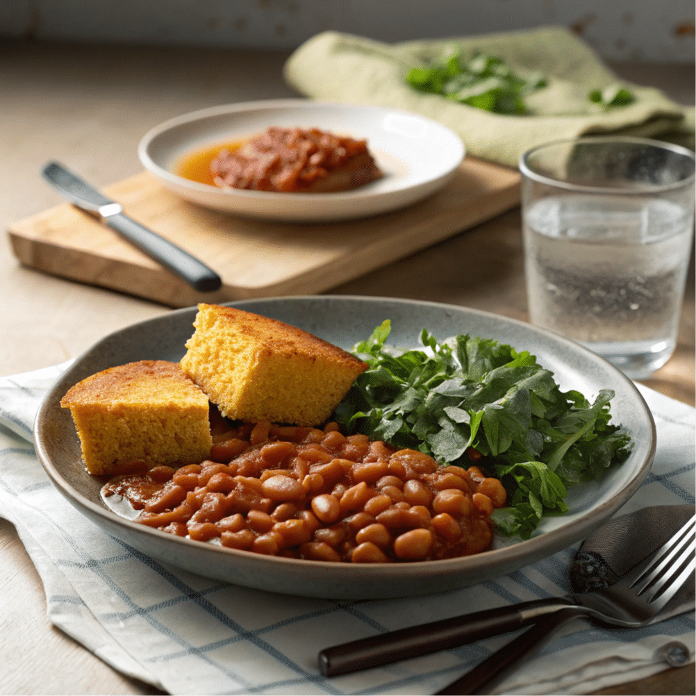 Baked beans served with cornbread and salad.