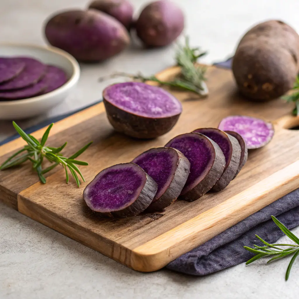  Sliced vegetables showing vibrant purple and blue hues.