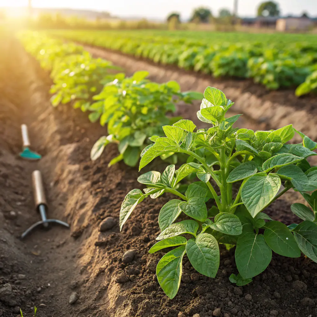 Healthy green plants sprouting in rich garden soil.