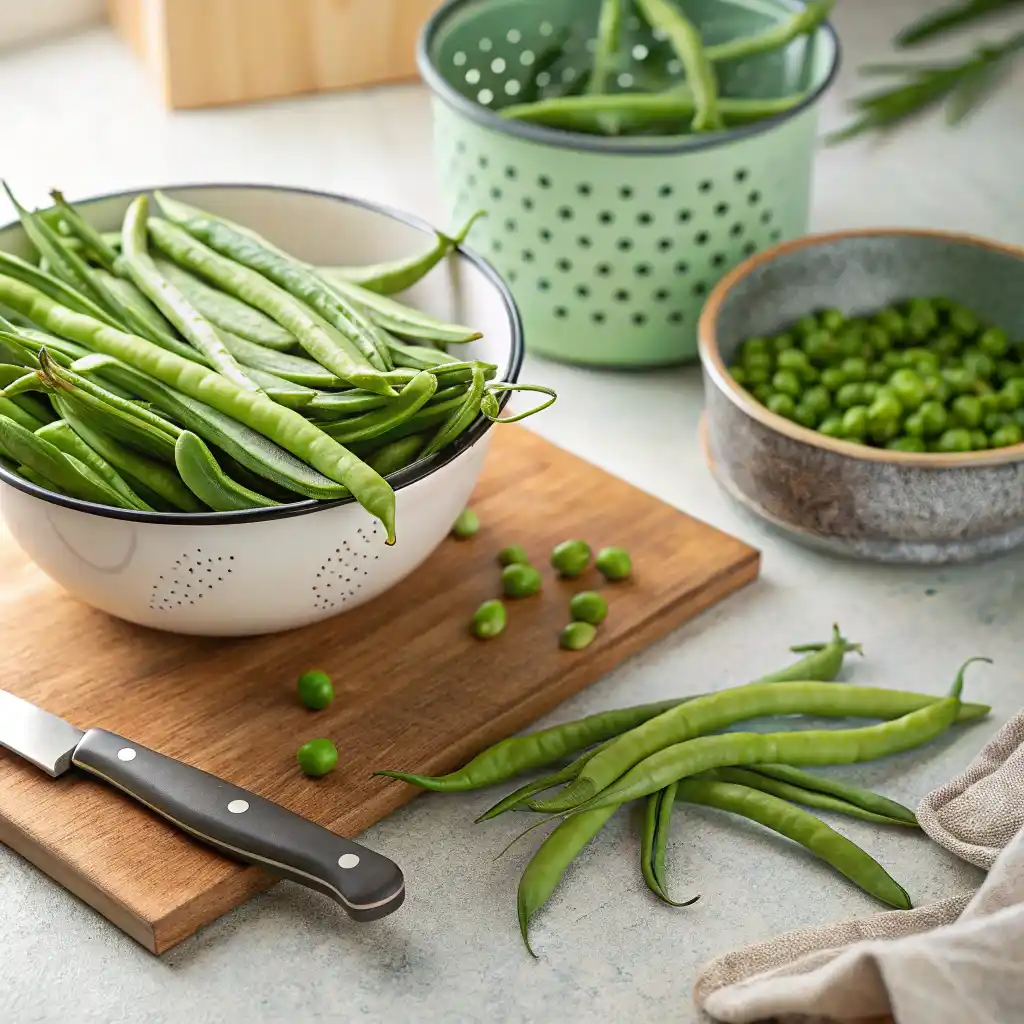 Green beans being trimmed for casserole preparation