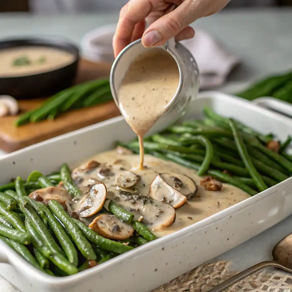 Pouring Mushroom Sauce Over Green Beans