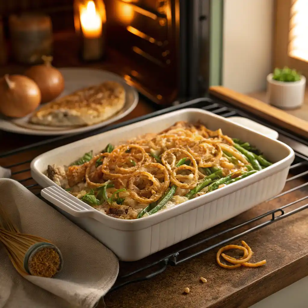 Green bean casserole topped with crispy onions