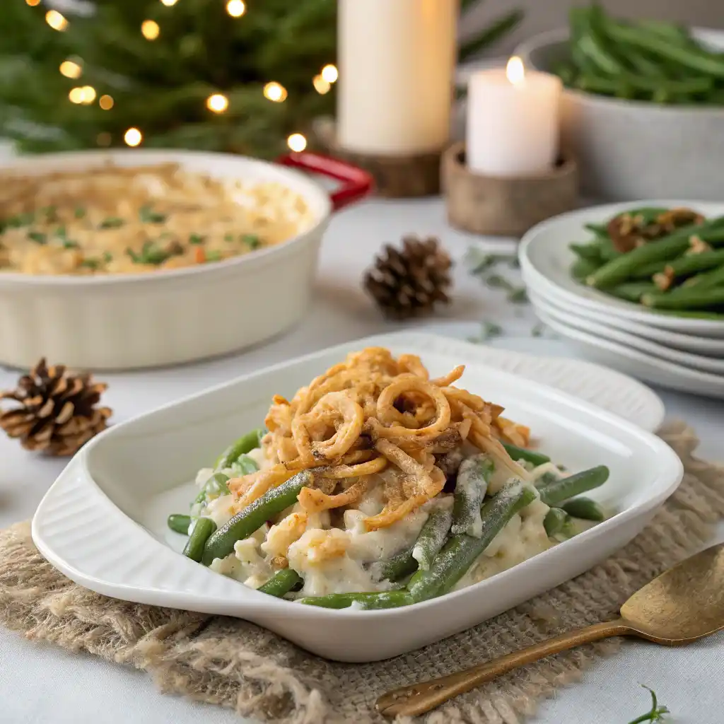 Served Green Bean Casserole on a Plate